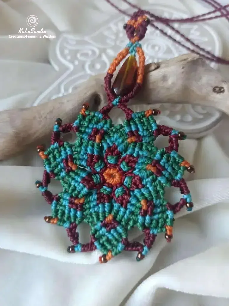 amber mandala macrame necklace. amber necklace. handmade. One-of-a-kind. Artisan necklace. Bohemian jewelry. Spiritual jewelry
