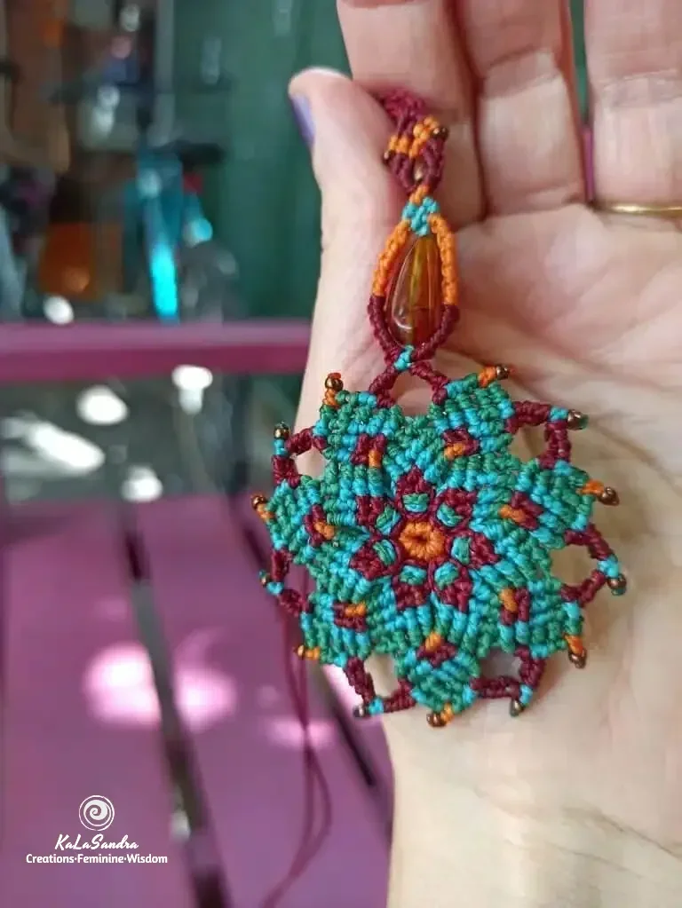 amber mandala macrame necklace. amber necklace. handmade. One-of-a-kind. Artisan necklace. Bohemian jewelry. Spiritual jewelry