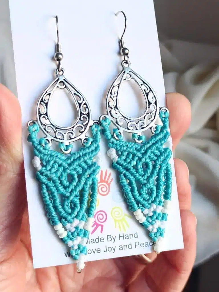 Beautiful blue macrame earrings. Handmade. Kalasandra earrings. Artisan jewelry. Boho earrings. Celtic.
