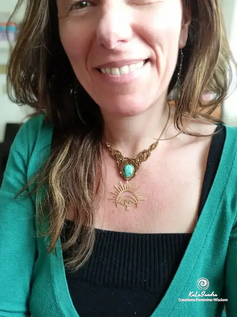 turquoise macrame necklace with brass metal design. Kalasandra creations. handmade. artisan jewelry, Spiritual jewelry. Celtic jewelry