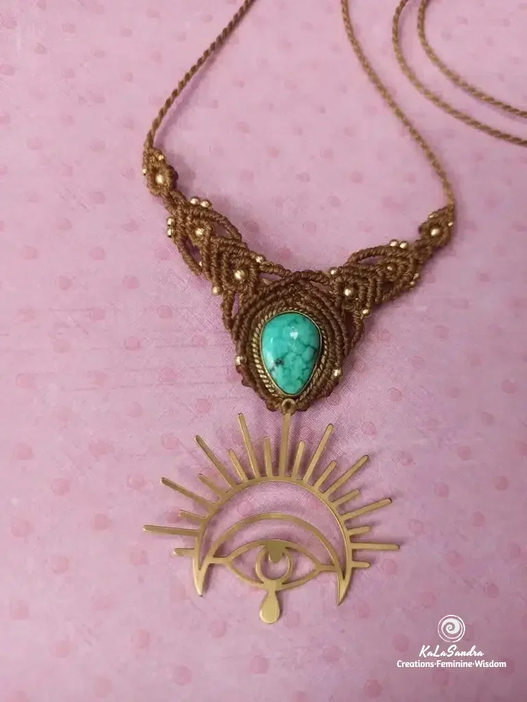 MY VOICE-Turquoise Macrame Necklace handmade with brass metal design- - Image 3