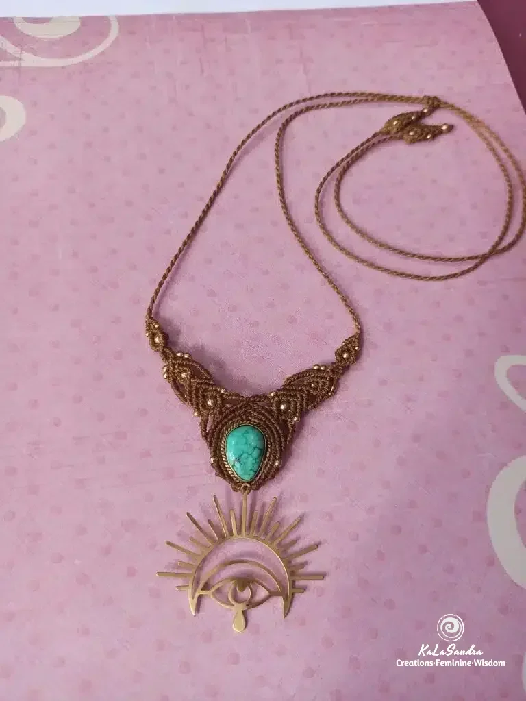 MY VOICE-Turquoise Macrame Necklace handmade with brass metal design- - Image 2