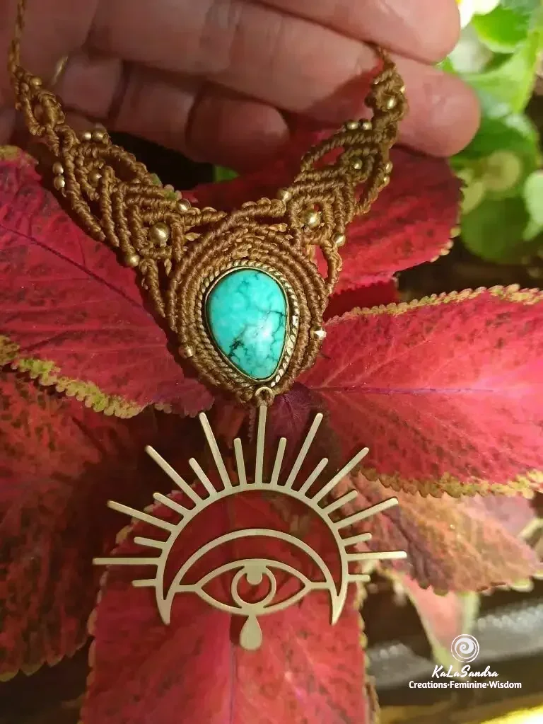 turquoise macrame necklace with brass metal design. Kalasandra creations. handmade. artisan jewelry, Spiritual jewelry. Celtic jewelry
