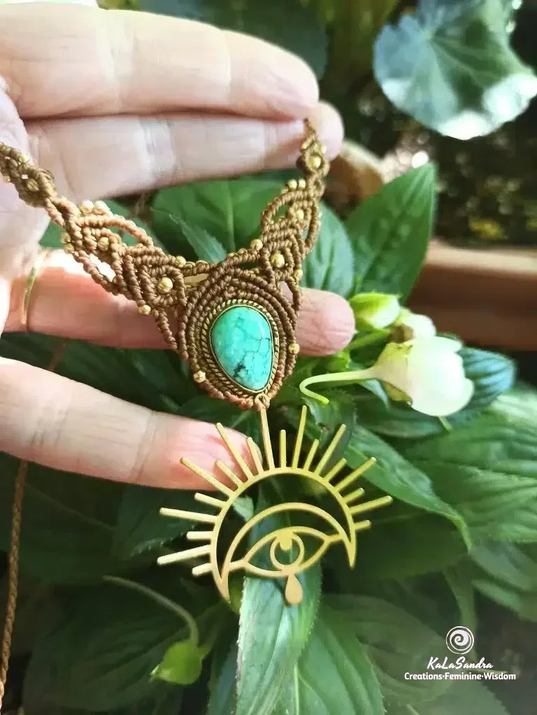 turquoise macrame necklace with brass metal design. Kalasandra creations. handmade. artisan jewelry, Spiritual jewelry. Celtic jewelry