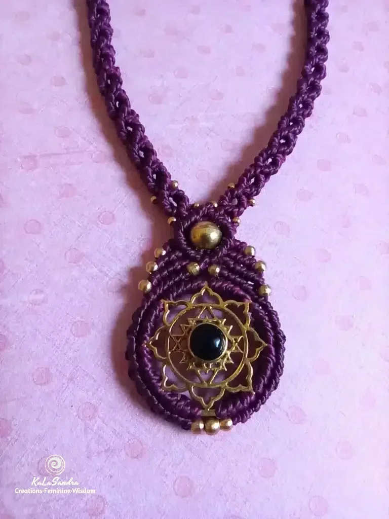 BLOOM-black onyx macrame necklace with brass sri yantra design - Image 3