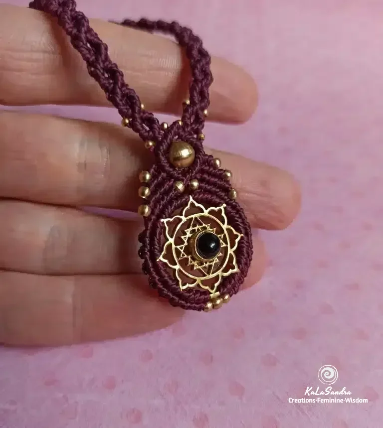 BLOOM-black onyx macrame necklace with brass sri yantra design - Image 2