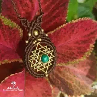 malachite macrame necklace, artisan, unique, boho, sacred geometry, yoga, goddess