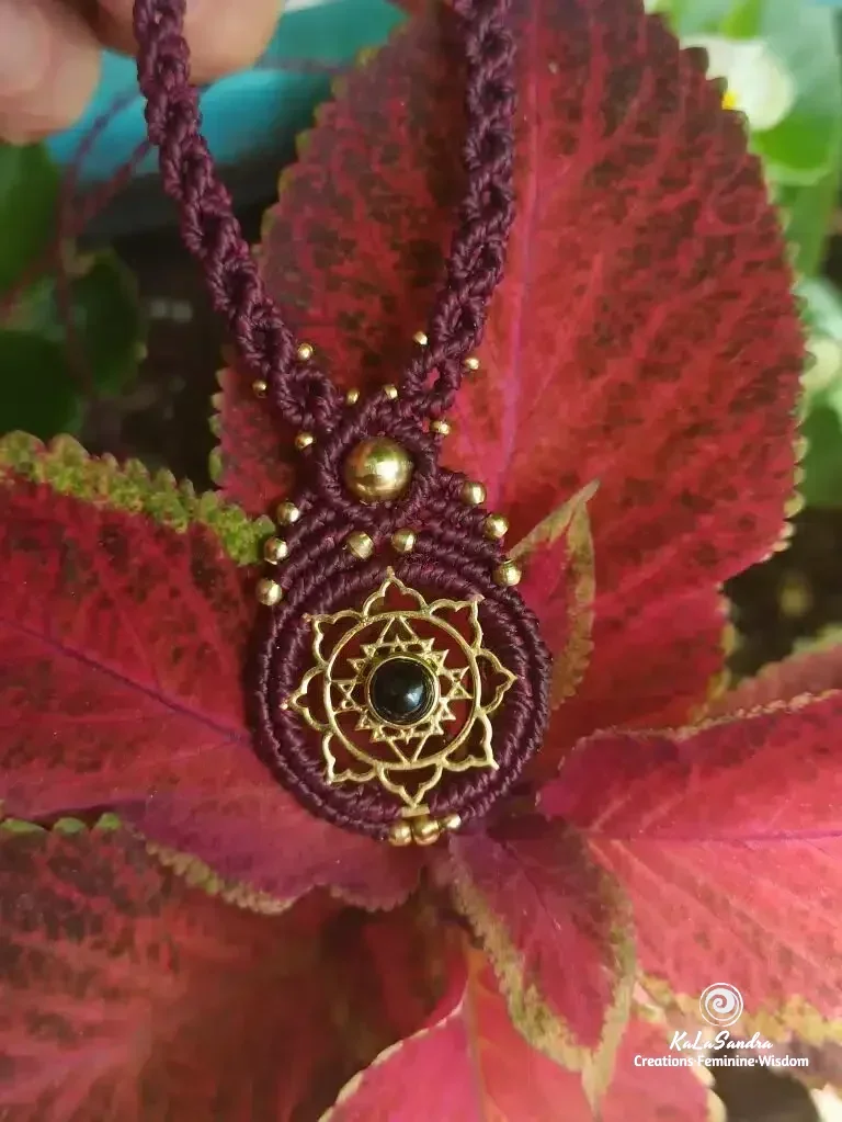 BLOOM-black onyx macrame necklace with brass sri yantra design - Image 6