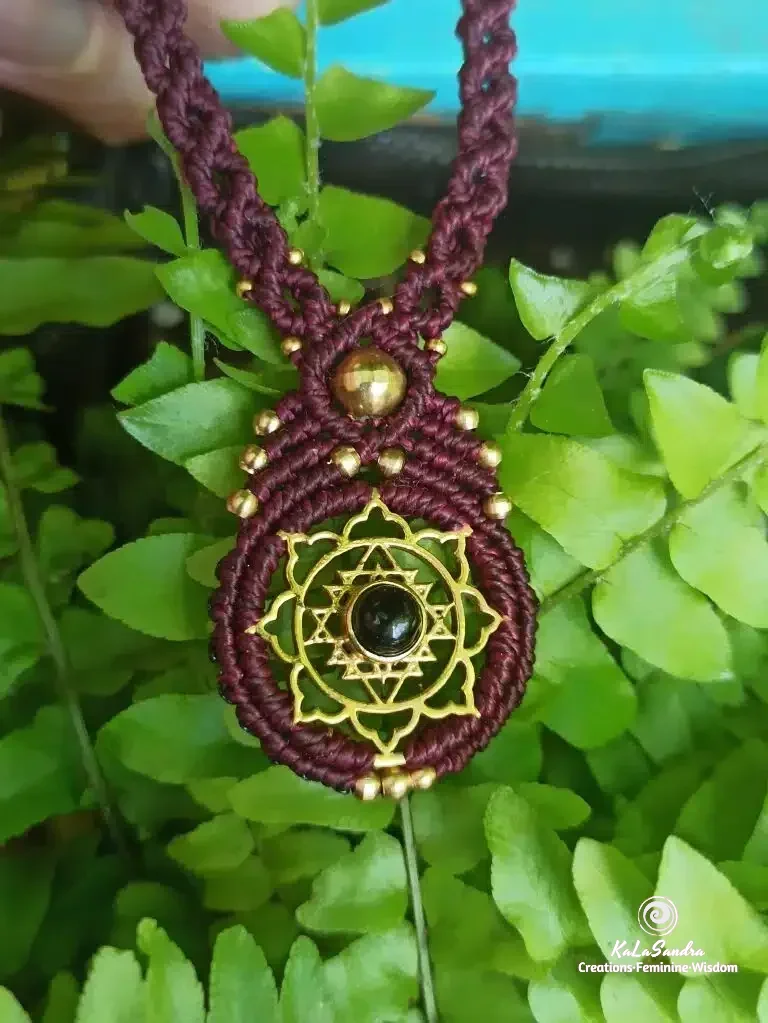 BLOOM-black onyx macrame necklace with brass sri yantra design - Image 7