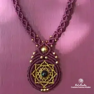 BLOOM-black onyx macrame necklace with brass sri yantra design