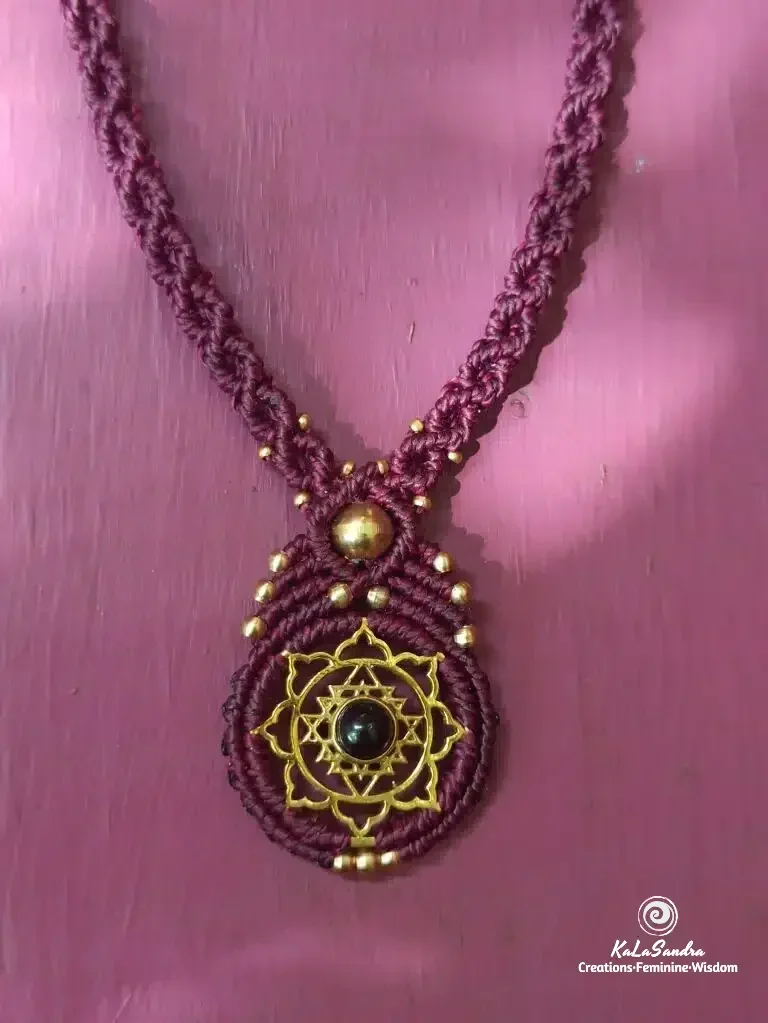 BLOOM-black onyx macrame necklace with brass sri yantra design