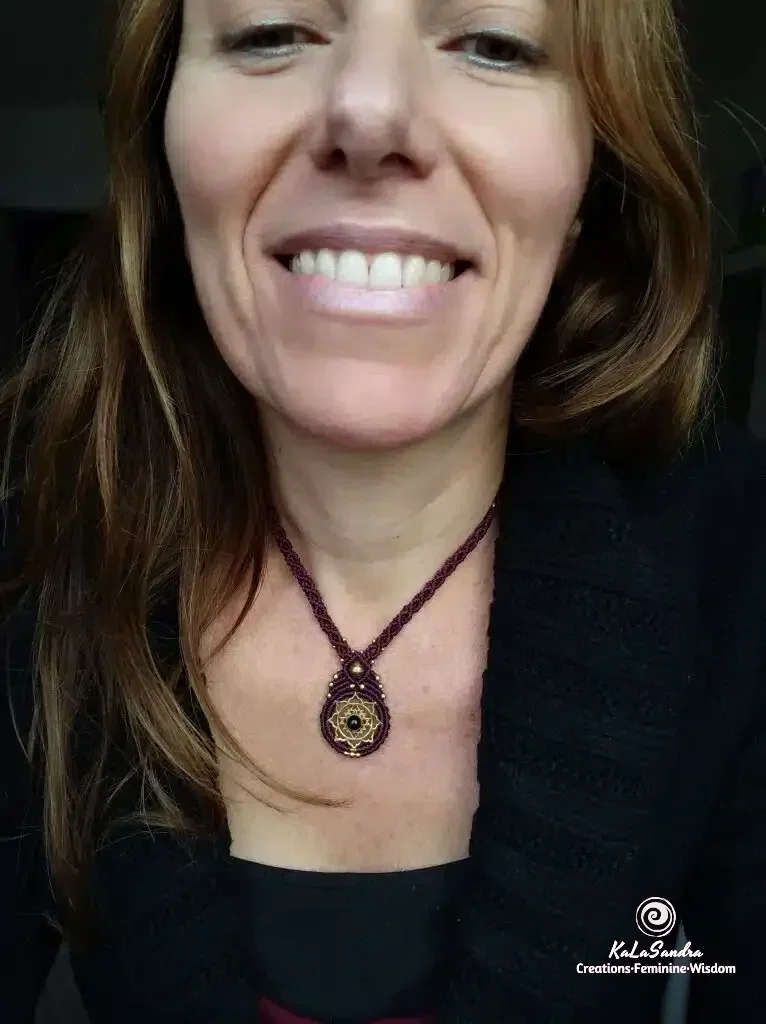 BLOOM-black onyx macrame necklace with brass sri yantra design - Image 8