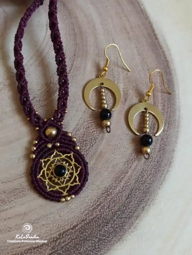 BLOOM-black onyx macrame necklace with brass sri yantra design - Image 12