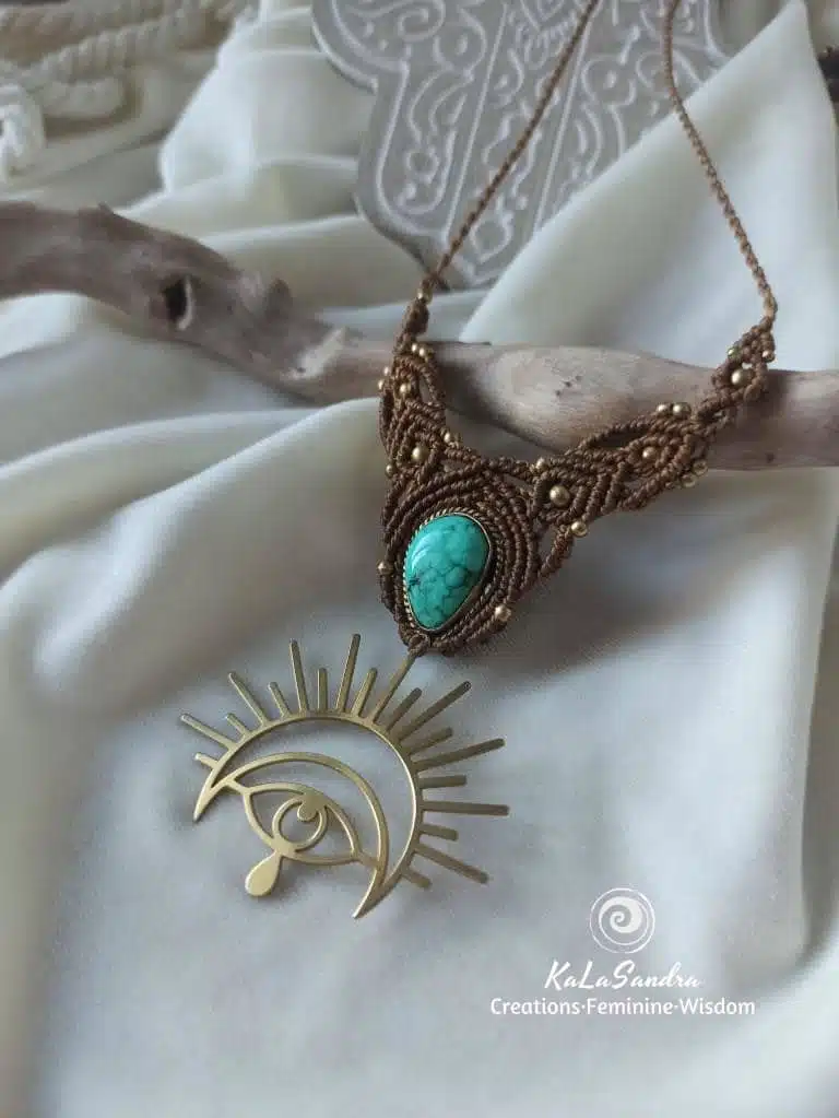 turquoise macrame necklace with brass metal design. Kalasandra creations. handmade. artisan jewelry, Spiritual jewelry. Celtic jewelry