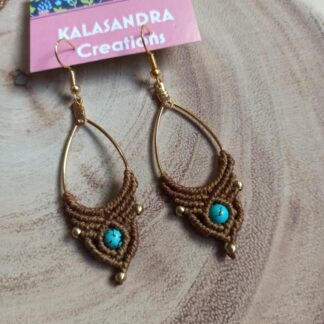 turquoise macrame earrings, brown color, artisan jewelry, handmade, original