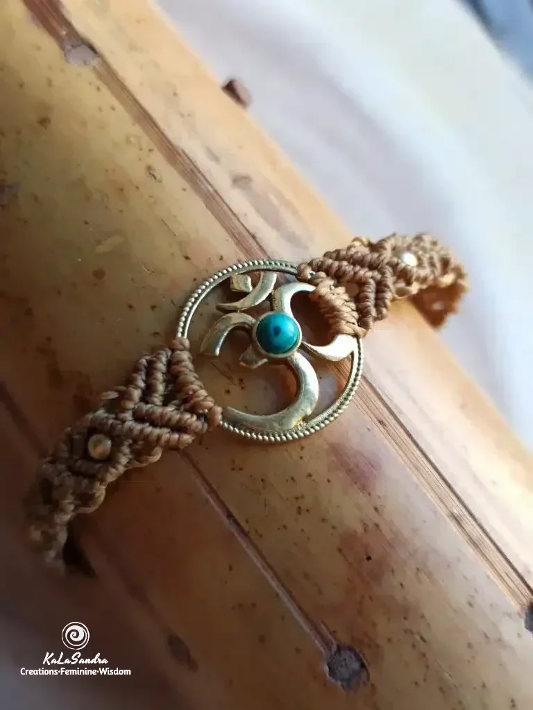 OM turquoise macrame bracelet handmade in brass metal design - Image 10