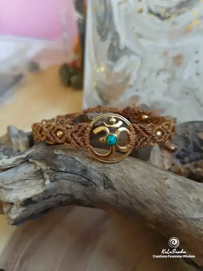 OM turquoise macrame bracelet handmade in brass metal design - Image 6