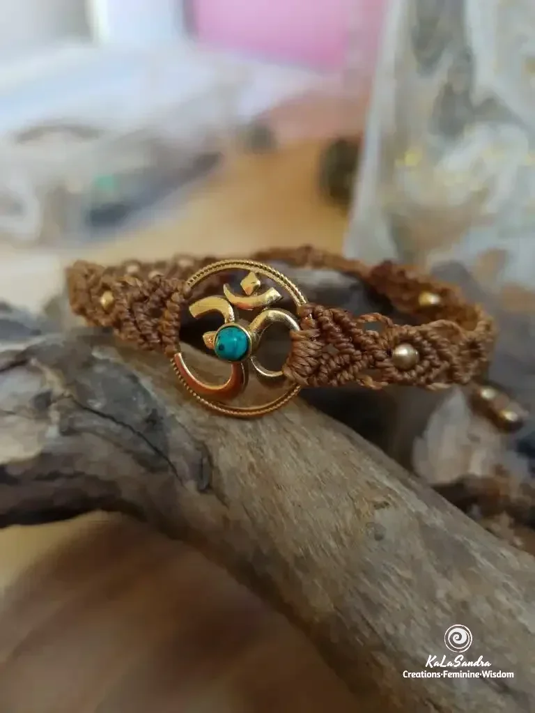 OM turquoise macrame bracelet handmade in brass metal design - Image 5