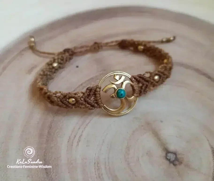 OM turquoise macrame bracelet handmade in brass metal design - Image 8