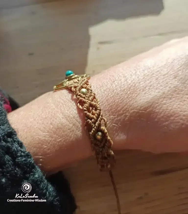 OM turquoise macrame bracelet handmade in brass metal design - Image 4