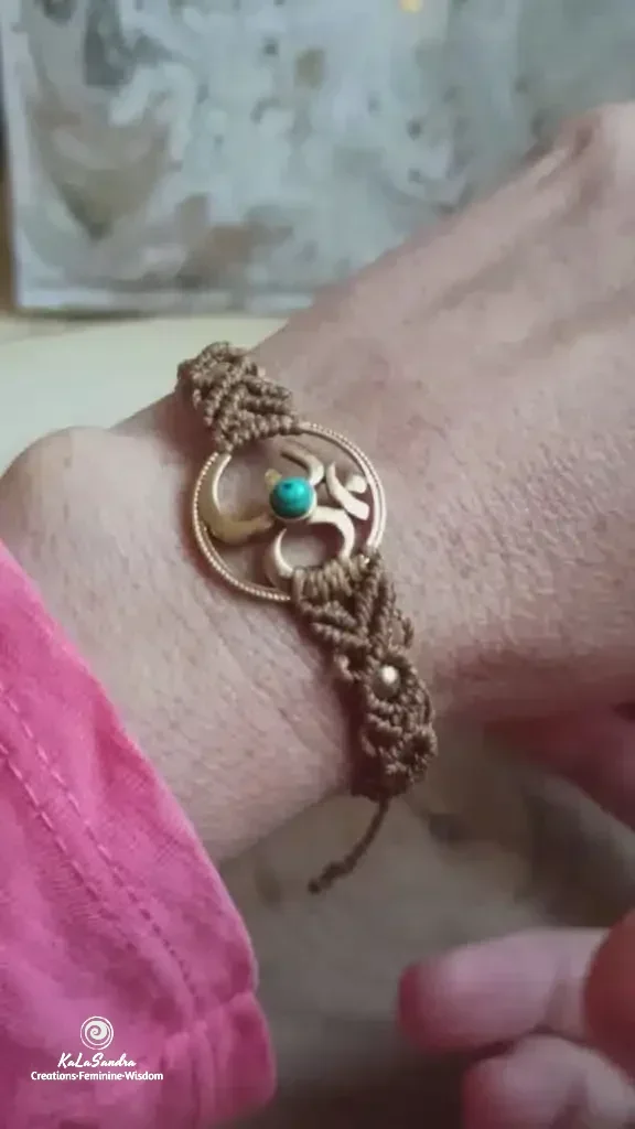 OM turquoise macrame bracelet handmade in brass metal design - Image 3