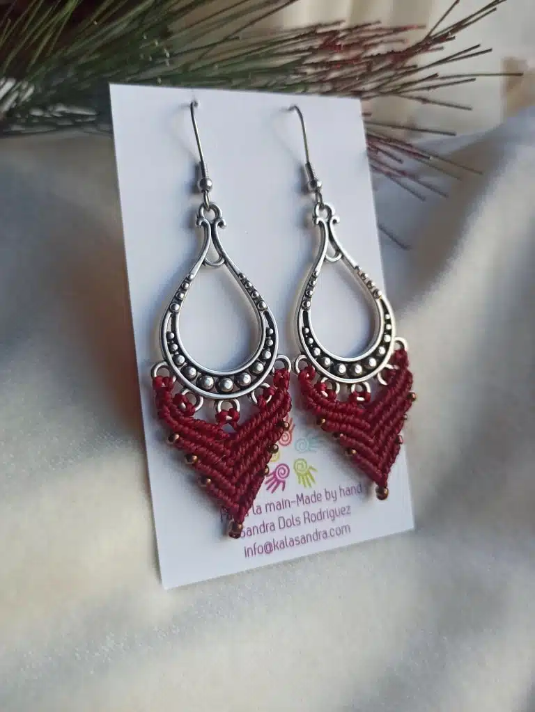 SELENE red garnet macrame earrings, handmade, boho earrings, artisanal