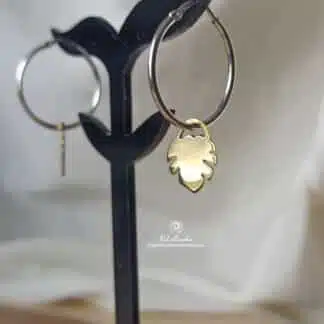 Monstera brass earrings with silver hoop handmade, kalasandracreations, artisan jewelry
