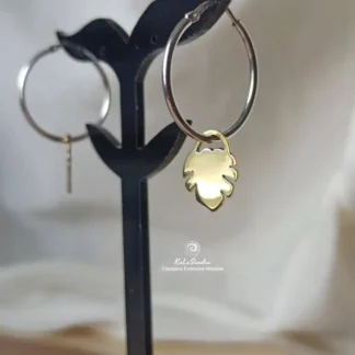 Monstera brass earrings with silver hoop handmade, kalasandracreations, artisan jewelry