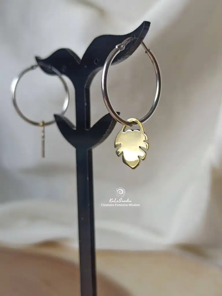 Monstera brass earrings with silver hoop handmade, kalasandracreations, artisan jewelry