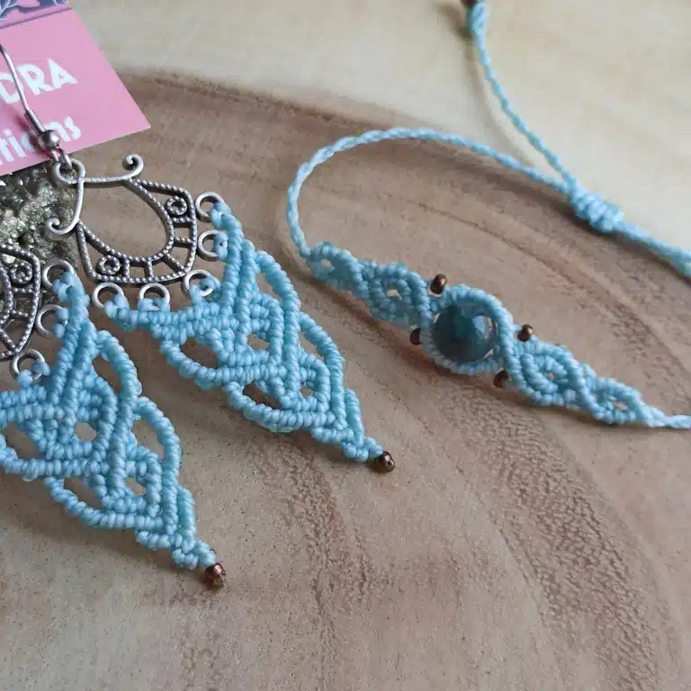 SONIA set macrame earrings and bracelet in BLUE PALE color - Image 4
