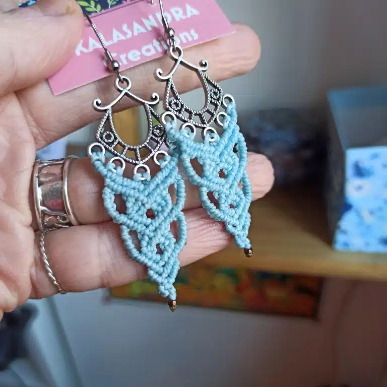 SONIA macrame earrings in BLUE PALE color and antique silver tone - Image 3