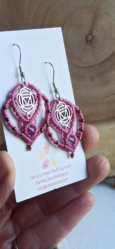 VITA macrame earrings in PINK color with AMETHYST gembead - Image 4