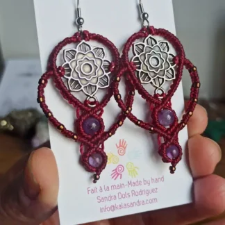Garnet micro macrame earrings, PEACE