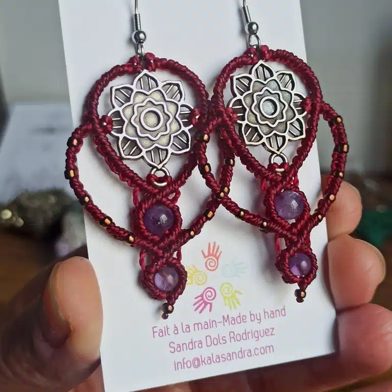 Garnet micro macrame earrings, PEACE