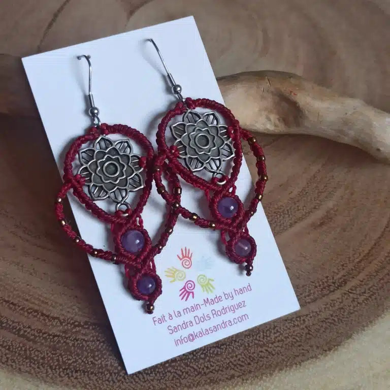 PEACE macrame earrings in GARNET color with AMETHYST gembeads - Image 2